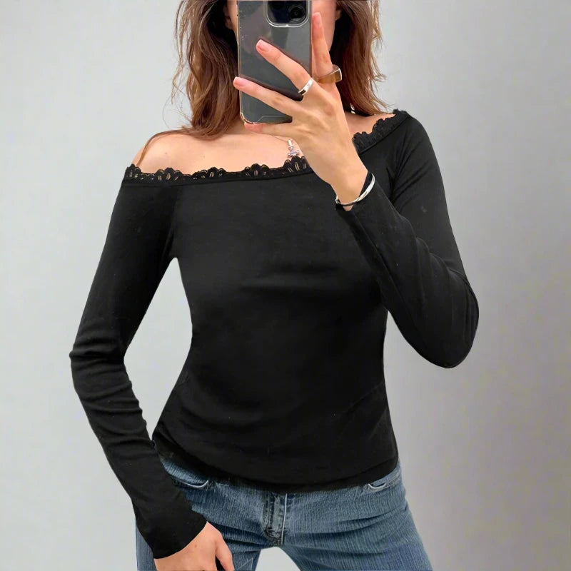 Black Lace Trim Off Shoulder Long Sleeve