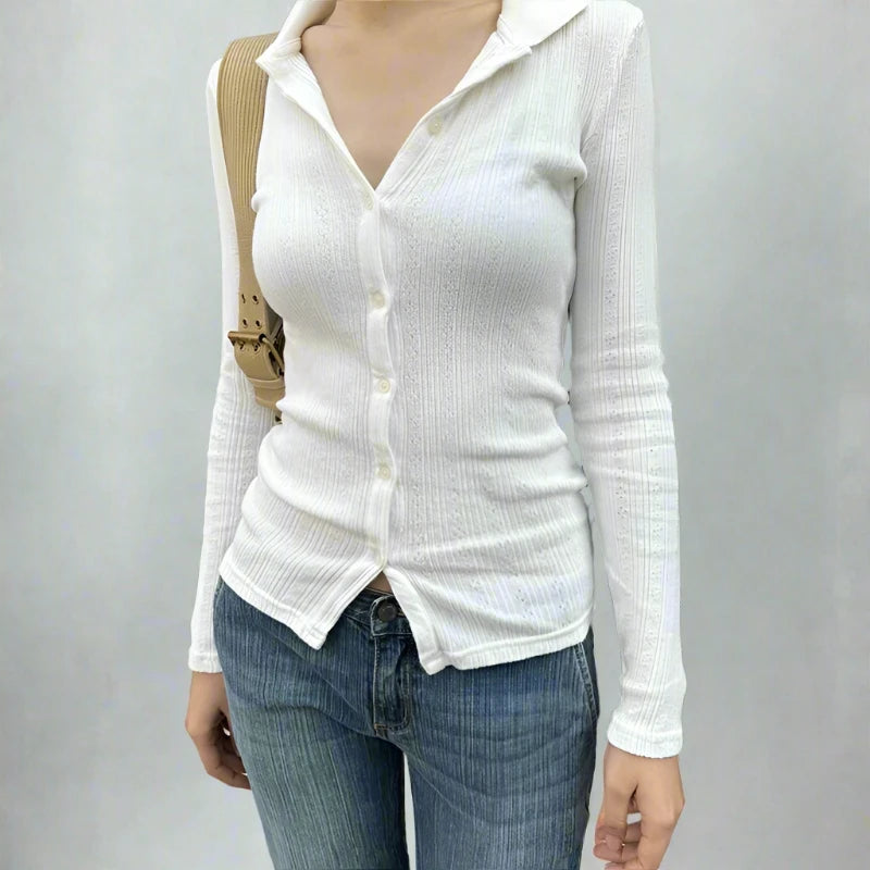 White Knit Ribbed Button Up Long Sleeve