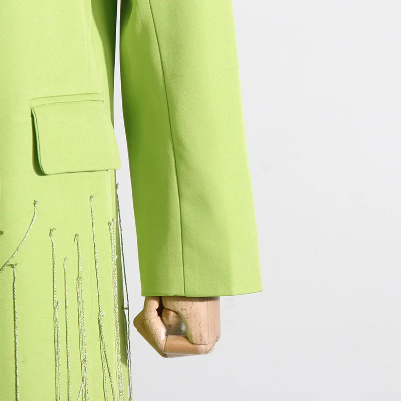 Green Tassel Trim Double Breasted Extra Long Blazer