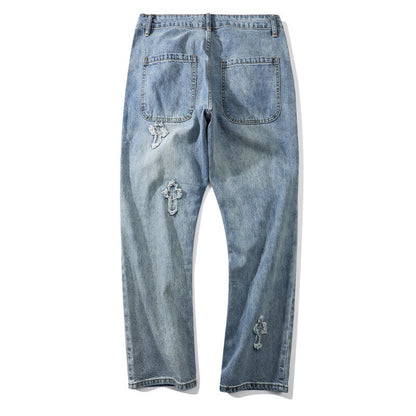 Blue Denim Distressed Cross Embroidery Straight Jeans