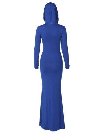 Solid Color Hooded Long Sleeve Maxi Dress