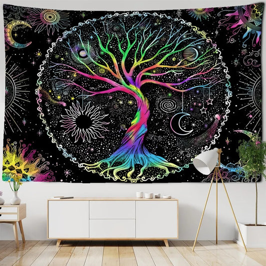 Multicolor Tree Of Life Sun And Moon Tapestry