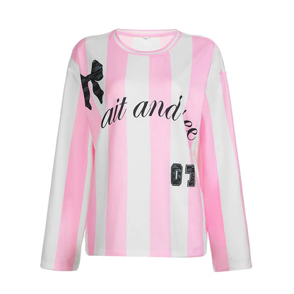 Pink And White Stripe Look Wait And See Black Lace Bow Long Sleeve T-Shirt