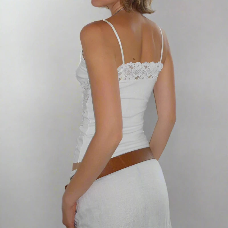 White Peek-A-Boo Lace V-Cut Spaghetti Strap Top