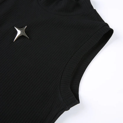 Black Knit Ribbed Turtleneck 3D Silver Star Asymmetric Trim Crop Sleeveless Top