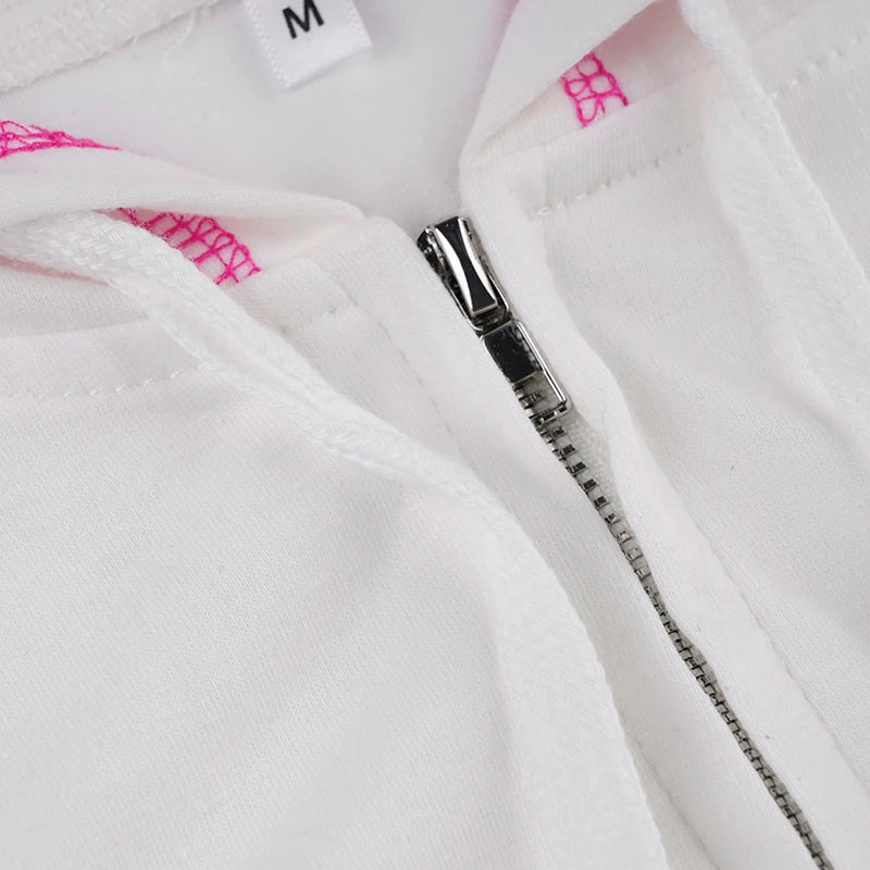 White Pink Lining Crop Hooded Jacket And Mini Shorts Set