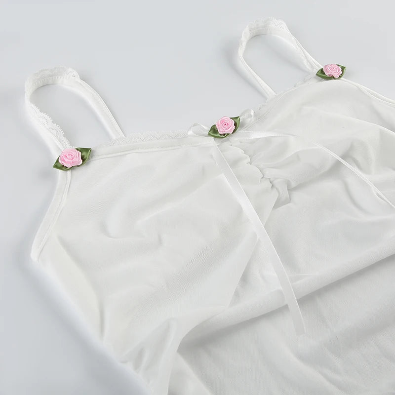 White Sheer Ruched Bow 3D Rose V-Cut Lace Trim Spaghetti Strap Top