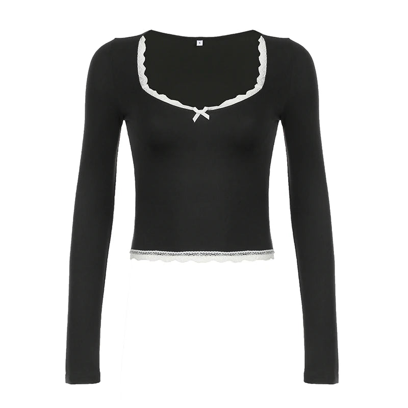 Black Bow V-Cut Lace Trim Long Sleeve