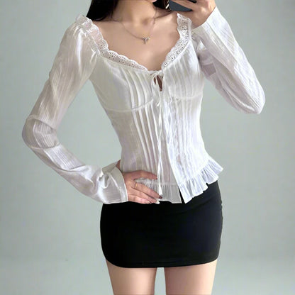 White Pleated Front Tie Button Up Ruffle Trim Long Sleeve