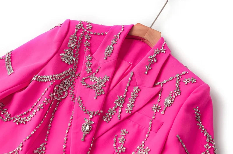 Pink Rhinestone Studded Double Breasted Blazer