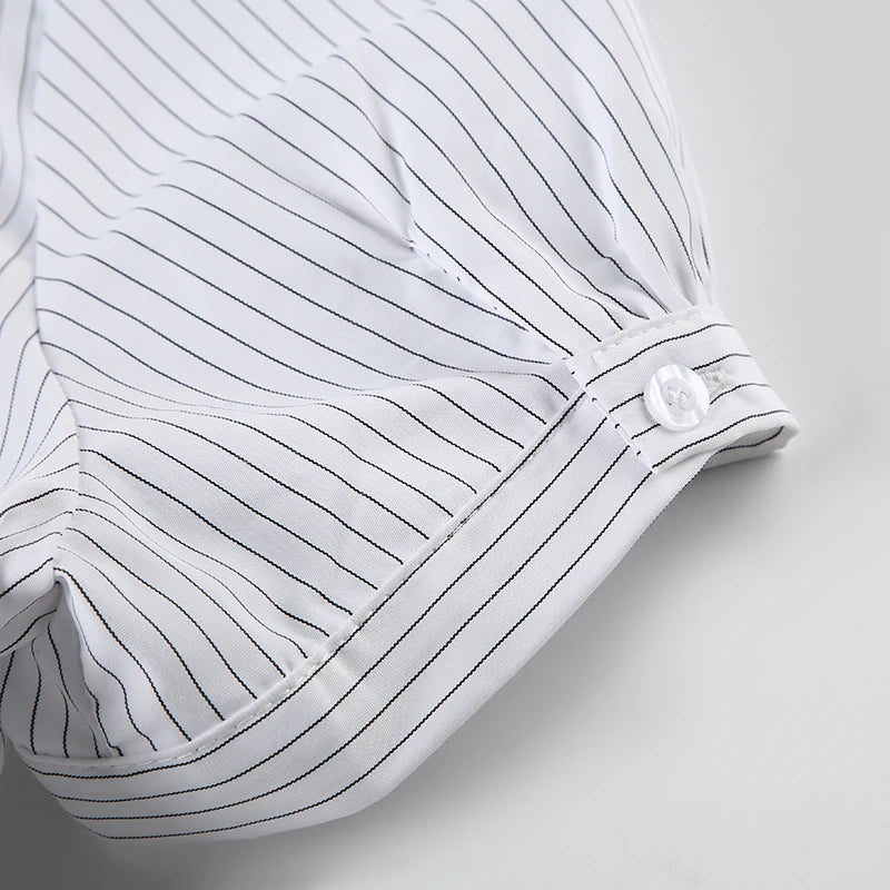 White Stripe Button Up Short Sleeve