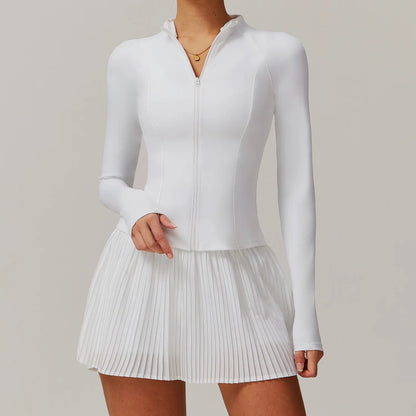 Solid Color Stretchy Collar Zip-Up Jacket And Pleated Mini Skirt Set