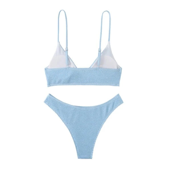 Solid Color Ribbed V-Cut Spaghetti Strap Bikini