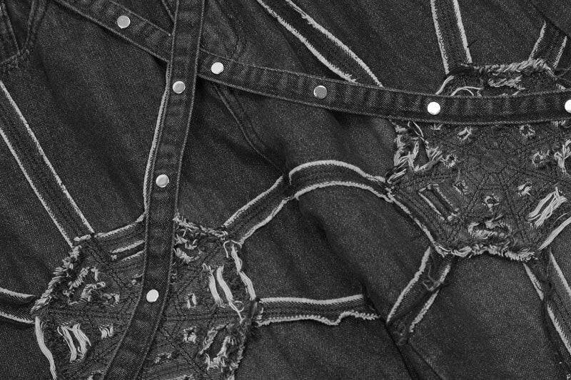 Black Reverse Patchwork Spider Web Cargo Straight Denim Jeans