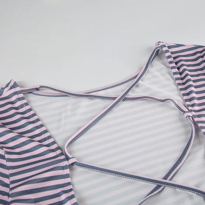 Pink And Blue Stripe Backless Lace-Up Long Sleeve