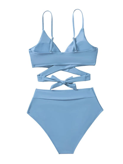 Solid Color V-Cut Bandage Strap V-Style High Waist Bikini