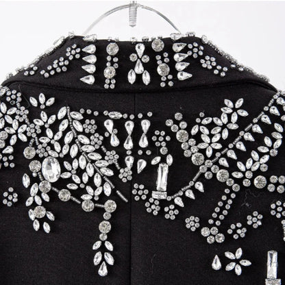 Black Rhinestone Studded Fur Trim Sleeve Blazer