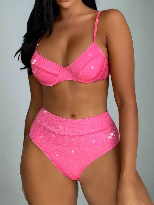 Sparkly Pink V-Cut Push-Up Spaghetti Strap High Waist Bikini