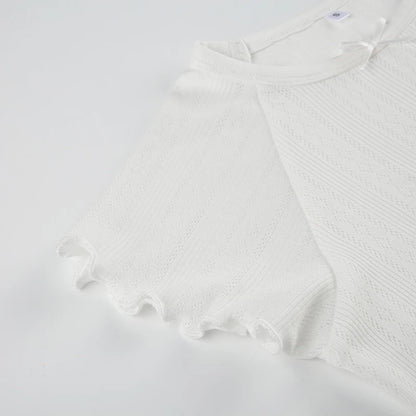 White Knit Ribbed Lettuce Trim Short Sleeve