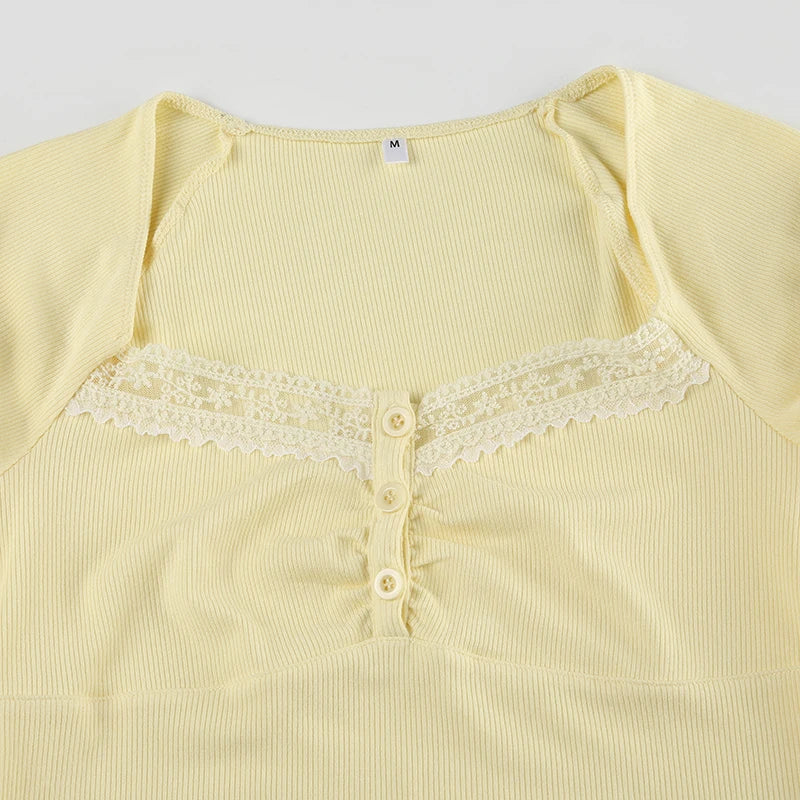 Yellow Knit Ribbed Lace Quarter Button Up Short Sleeve