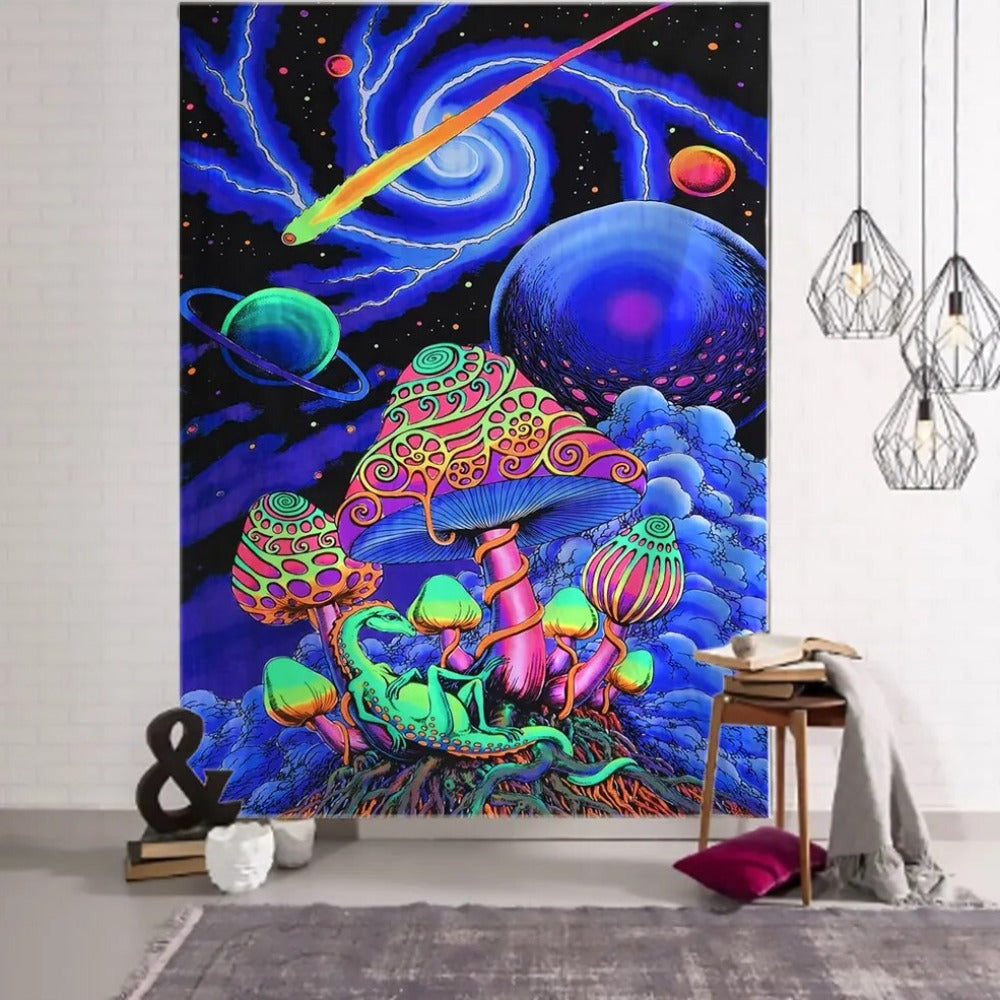 Neon Mushroom Village Outer Space Tapestry