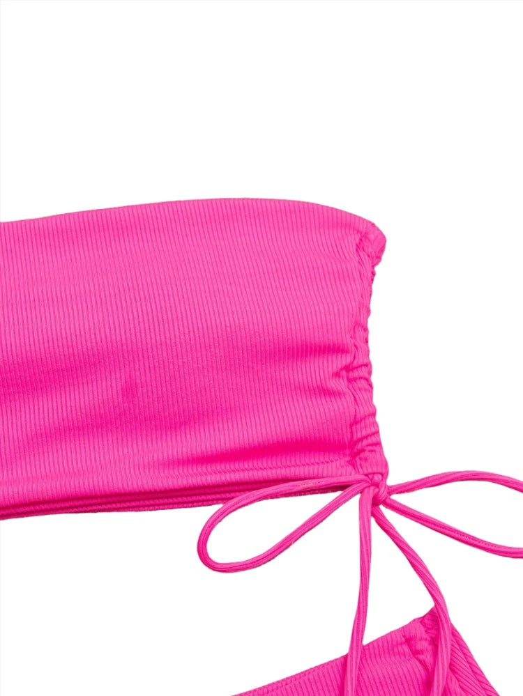 Solid Color Drawstring Strapless Bikini