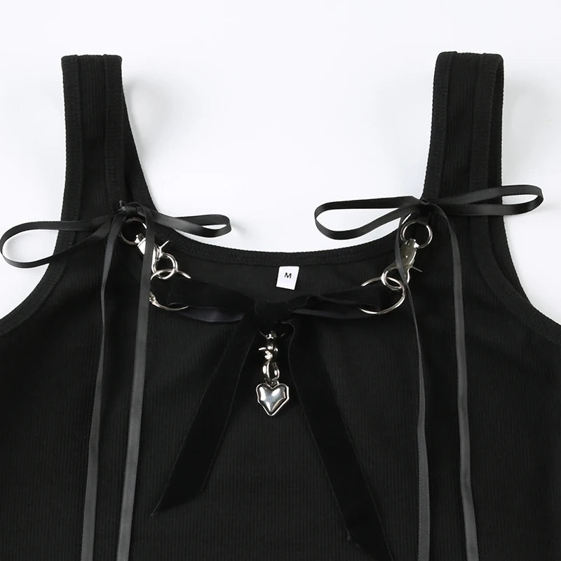 Black Knit Ribbed Chain And Suede Bow Trim Crop Spaghetti Strap Top