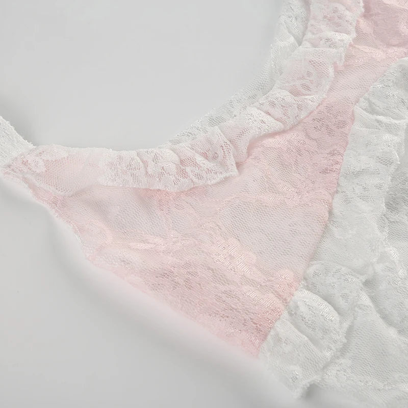 White And Pink Lace Lettuce Trim Halter Top