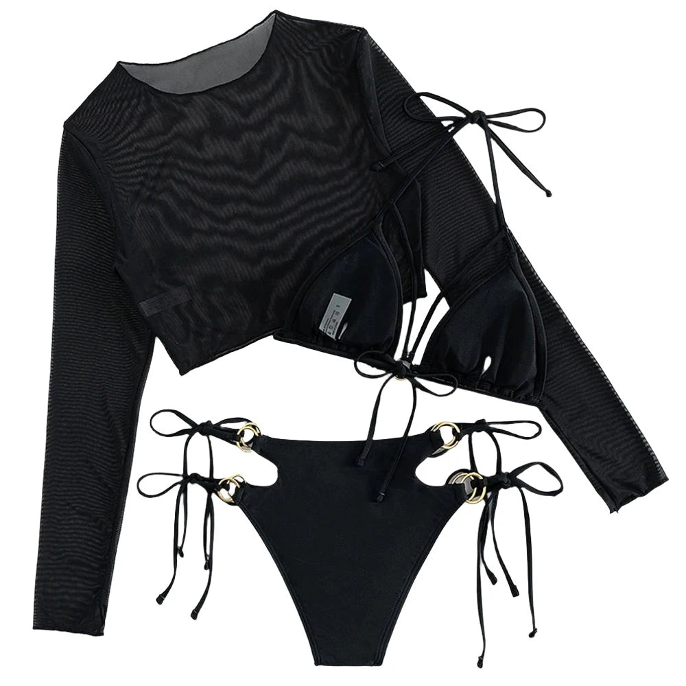 Black Ring Link String Bikini And Sheer Cover Up Long Sleeve Set