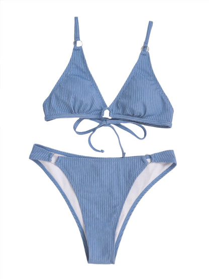 Solid Color Ribbed V-Cut Ring Link Strap Bikini