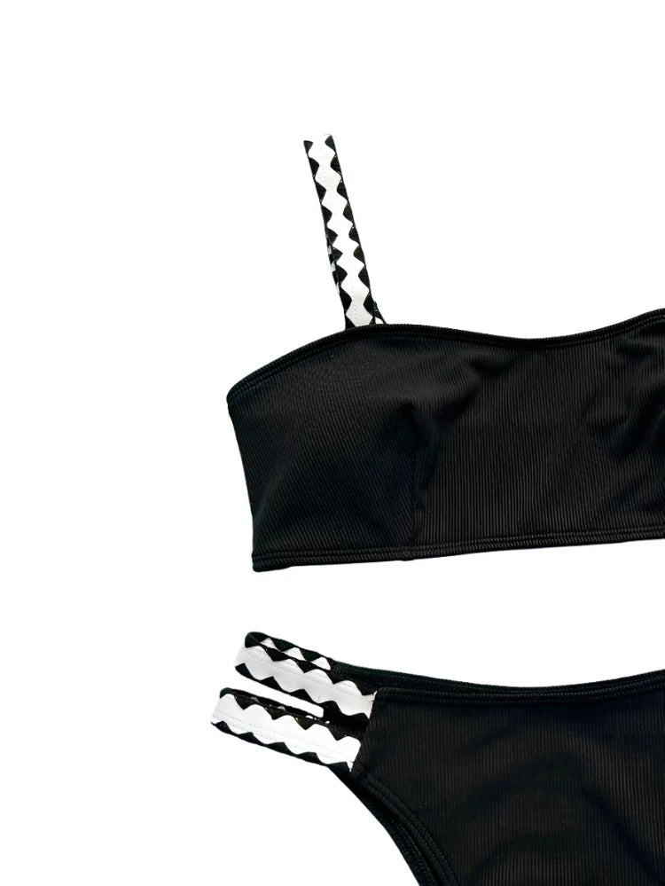 Black White Diamond Print Strappy Spaghetti Strap Bikini