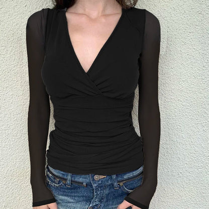 Black Criss-Cross V-Cut Sheer Long Sleeve