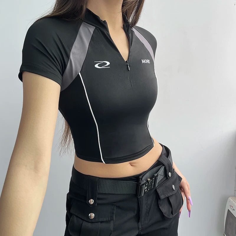 Black Gray Stripe Turtleneck Front Zip-Up Crop Short Sleeve