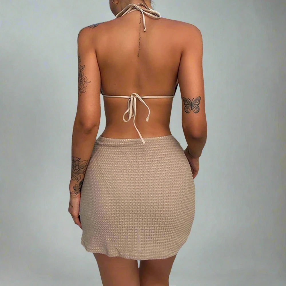 Khaki Ribbed Bikini And Cover Up Skirt Set