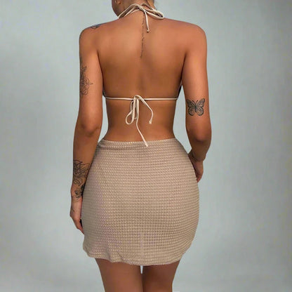 Khaki Ribbed Bikini And Cover Up Skirt Set