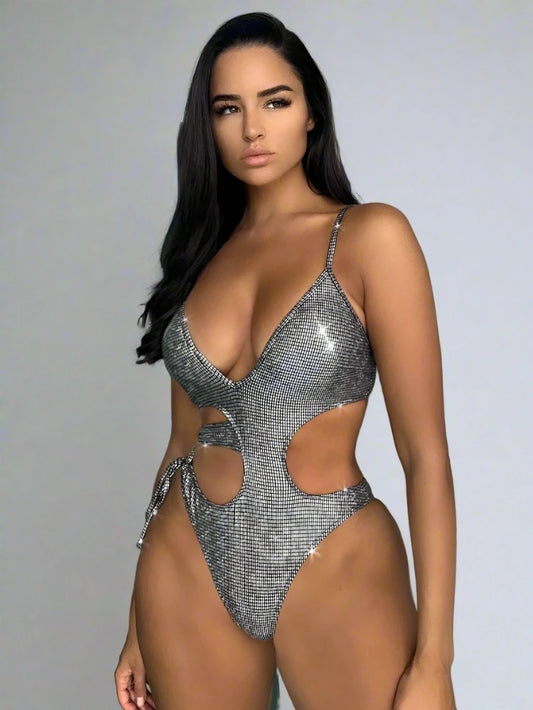 Silver Sparkly V-Cut Hollow Out One Piece