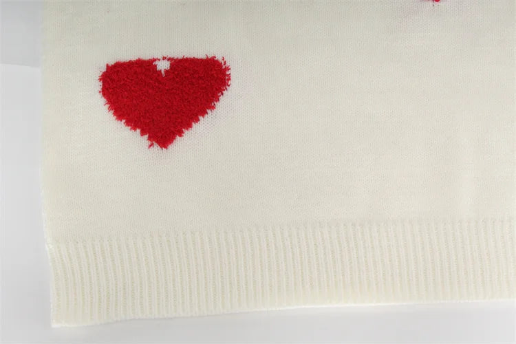 White Knit Red Fleece Hearts Sweater