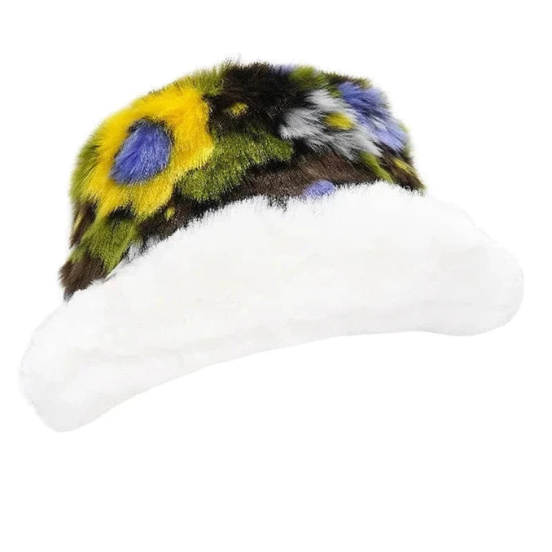 Floral Print White Trim Fur Bucket Hat