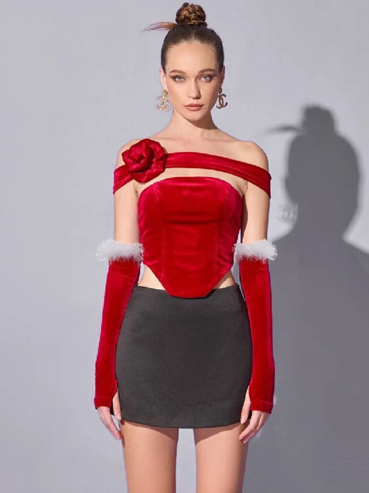 Red Suede Fur trim Gloves And Rose Corset Strapless Top