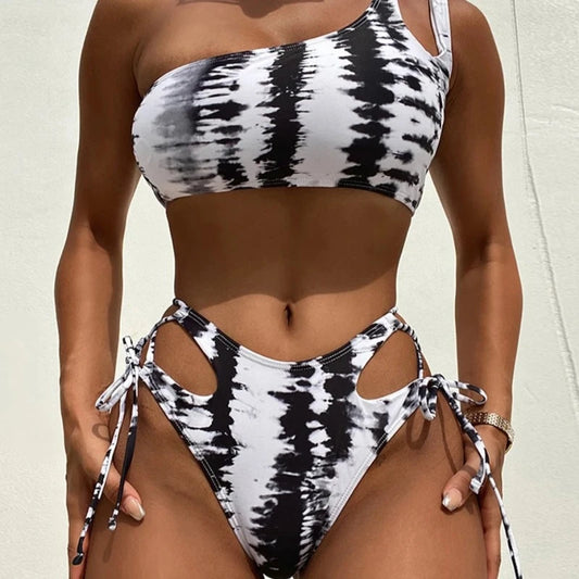 Black And White Tie-Dye Hollow Out One Shoulder High Waist Bikini