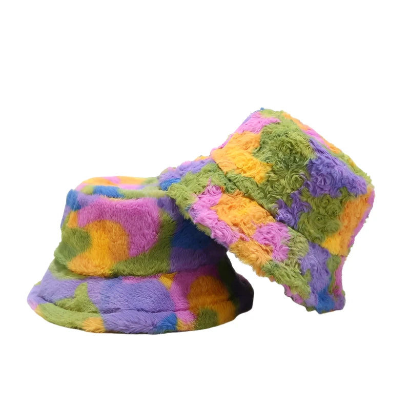 Multicolor Camouflage Fleece And Fur Bucket Hat