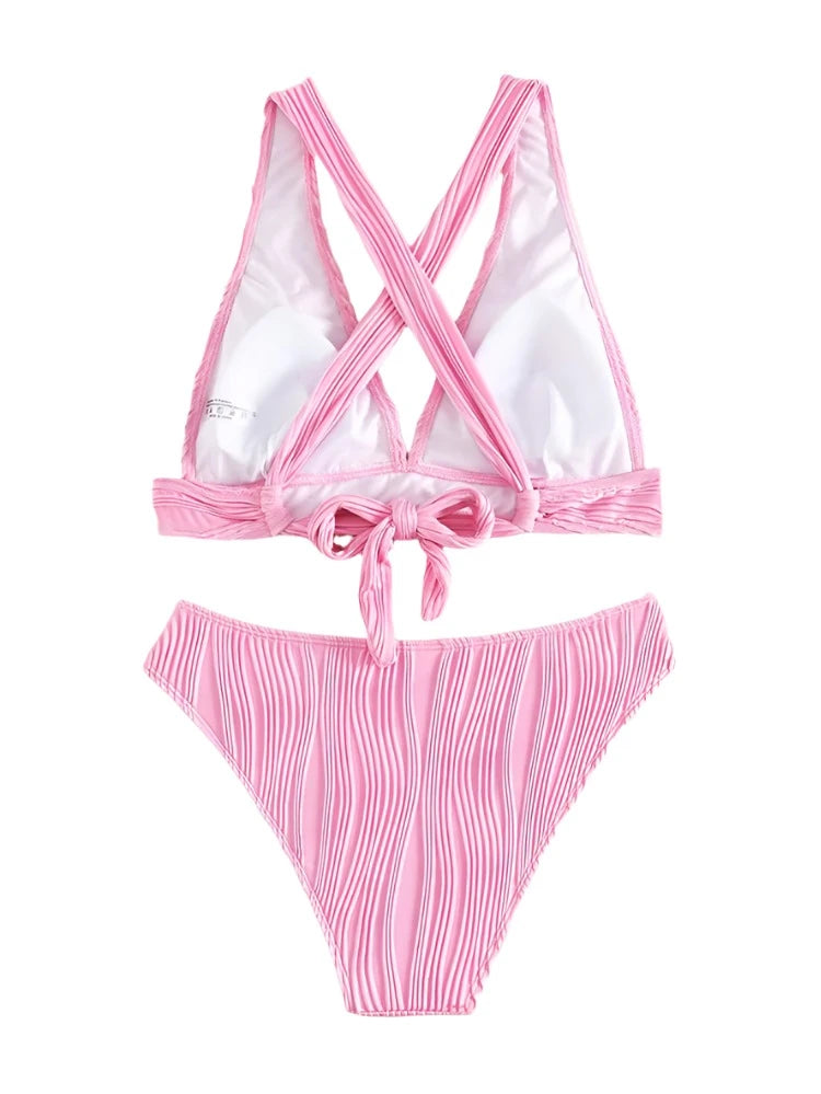 Pink Swirl Ribbed V-Cut halter High Waist Bikini