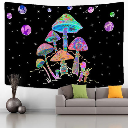 Neon Mushroom And Planets Tapestry