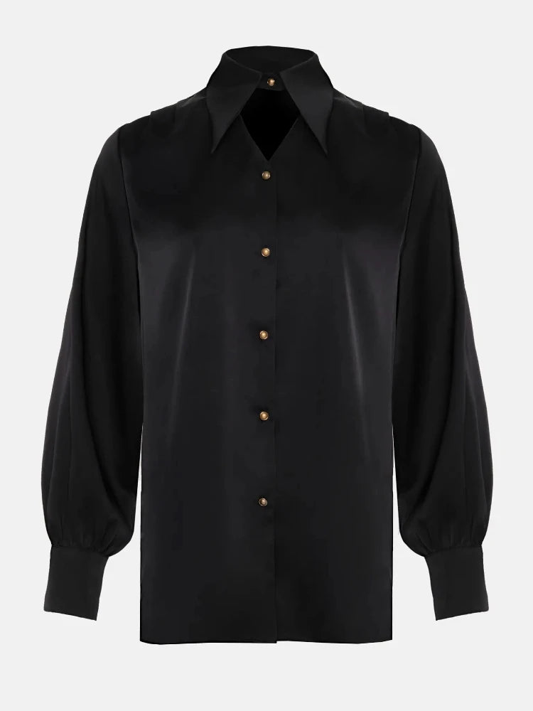 Solid Color Silk Collar Hollow Out Button Up Long Sleeve