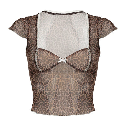 Brown Sheer Cheetah 3D Bow Lettuce Trim Short Sleeve