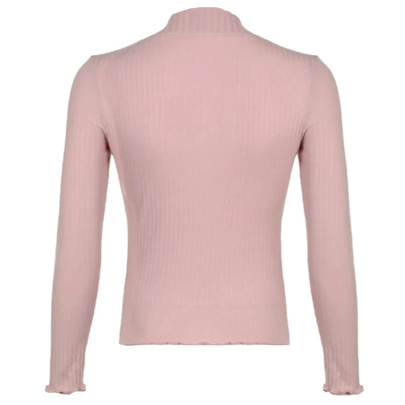 Pink Knit Ribbed Lace Trim Long sleeve