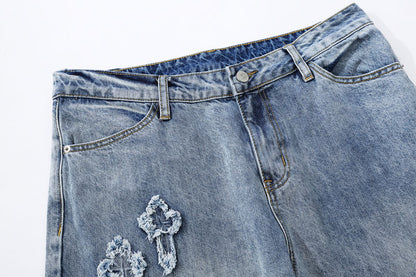 Blue Denim Distressed Cross Embroidery Straight Jeans