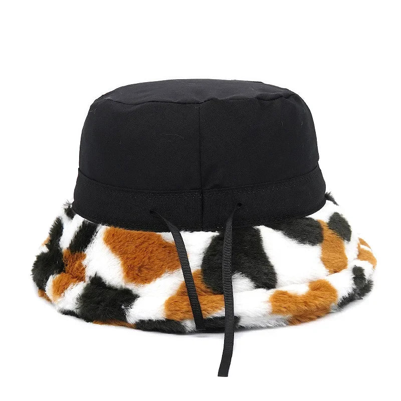 Cow And Smiley Face Print Fur Bucket Hat