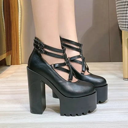 Neutral Leather Double Buckle Criss-Cross Strappy Closed Toe Platform Heels