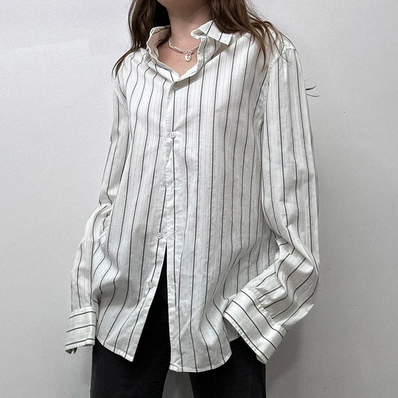 White And Black Stripe Ribbed Button Up Oversized Long Sleeve